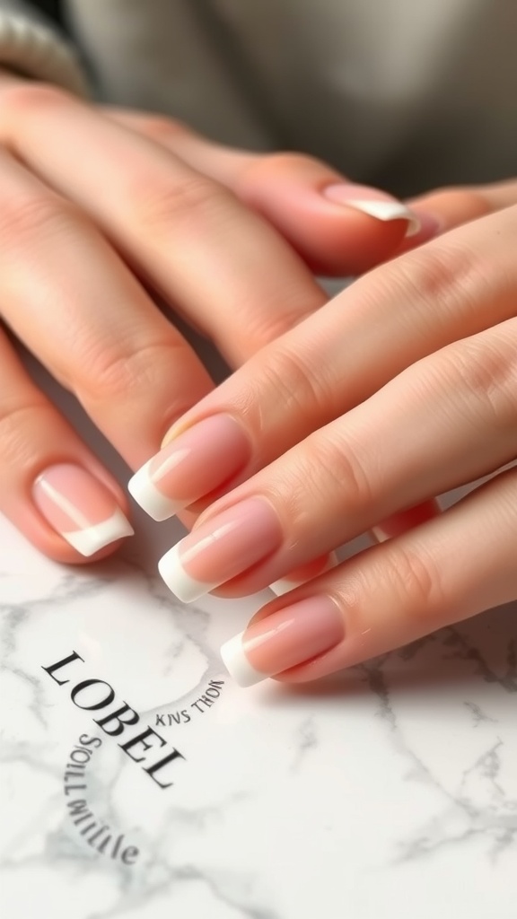 Elegant classic French almond nails with a soft pink base and white tips.