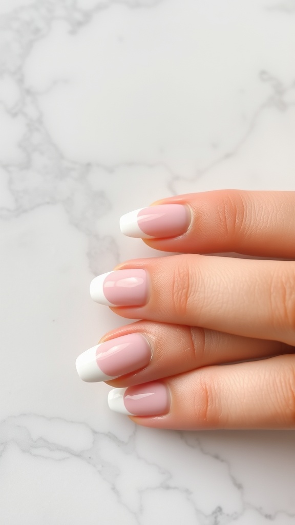 A close-up of classic French almond nails with a soft pink base and white tips on a marble surface.