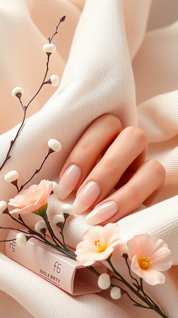 A hand with classic French almond nails adorned with 3D flowers, resting on a soft fabric background.