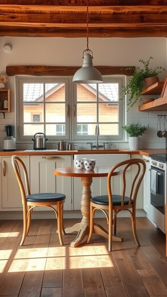 A cozy kitchen featuring classic French bistro chairs around a small round table, with natural light streaming in from a window.