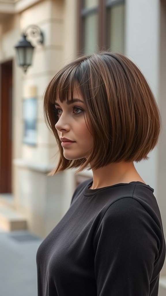 A woman with a classic French bob hairstyle, featuring a blunt fringe and chin-length hair, standing outdoors.