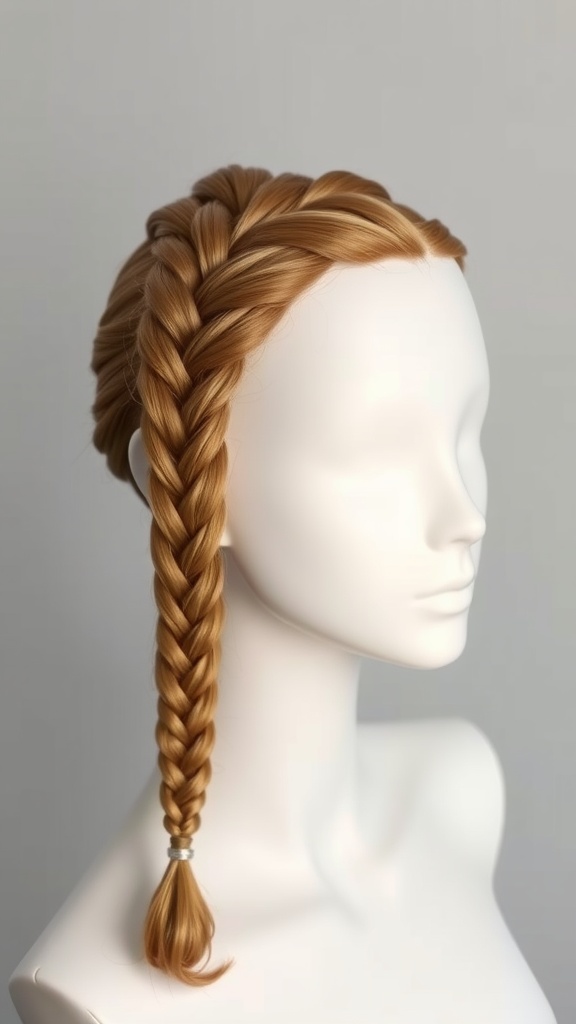 A classic French braid hairstyle displayed on a mannequin.