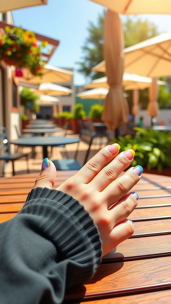 A hand with colorful nails against a sunny outdoor cafe setting