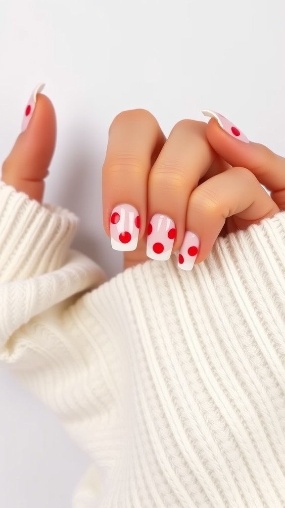 Close-up of hands showing classic French manicure with red polka dots on a white background.