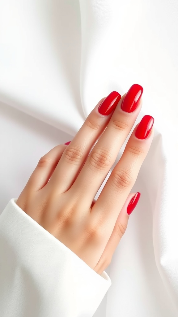 A close-up of a hand with glossy red acrylic nails on a soft white background.