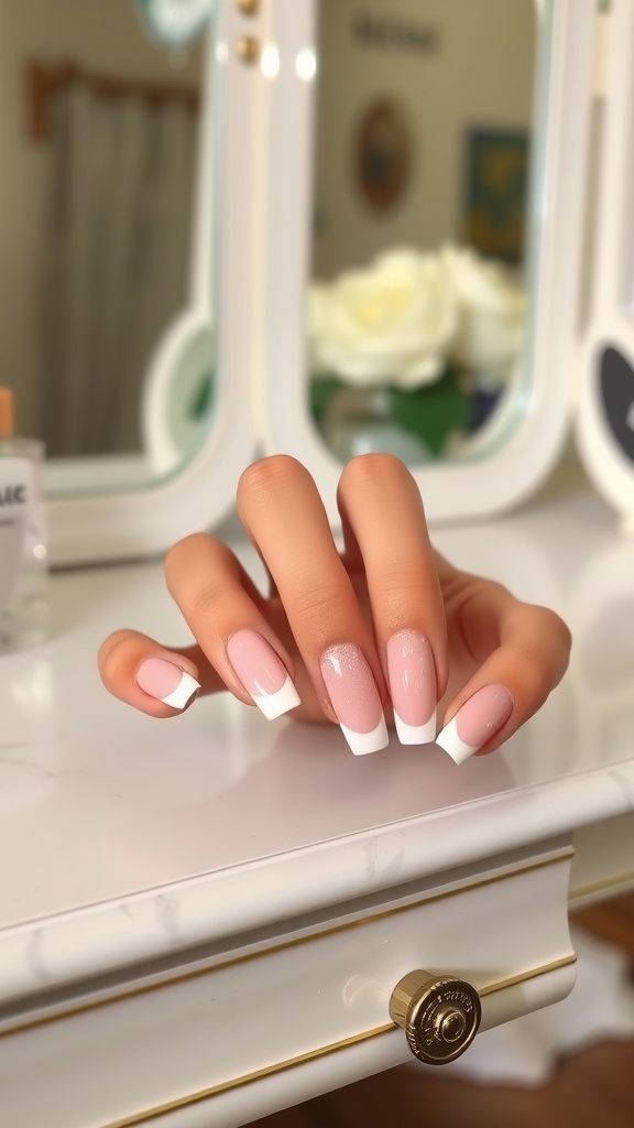 A hand with classic French tip almond nails, featuring a soft pink base and white tips, resting on a marble surface.