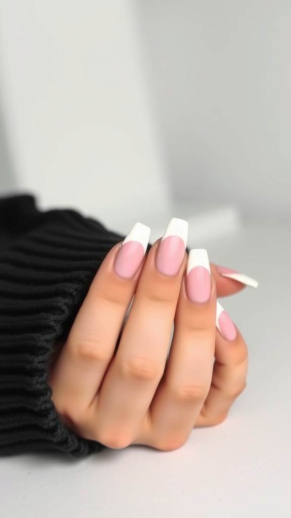 Short coffin nails with classic French tips in pink and white
