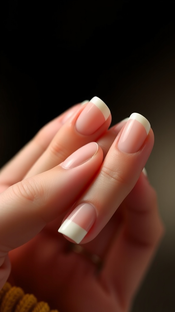 Image of classic French tip manicure with pink base and white tips.