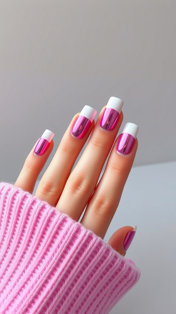 Close-up of pink chrome nails with classic French tips, resting on a pink knitted sweater.