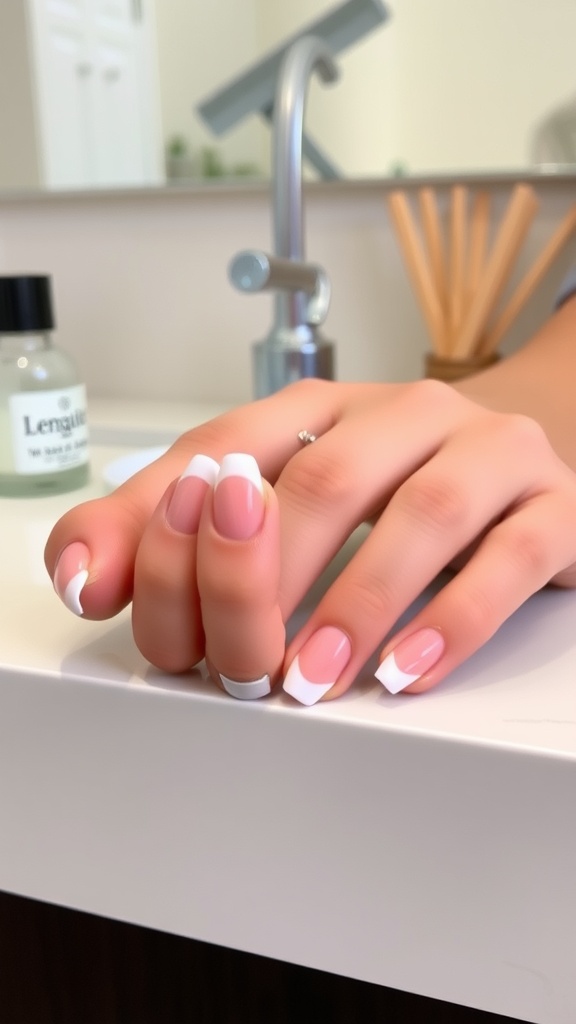 Short acrylic nails with a classic French tip design featuring white tips and a pink base.