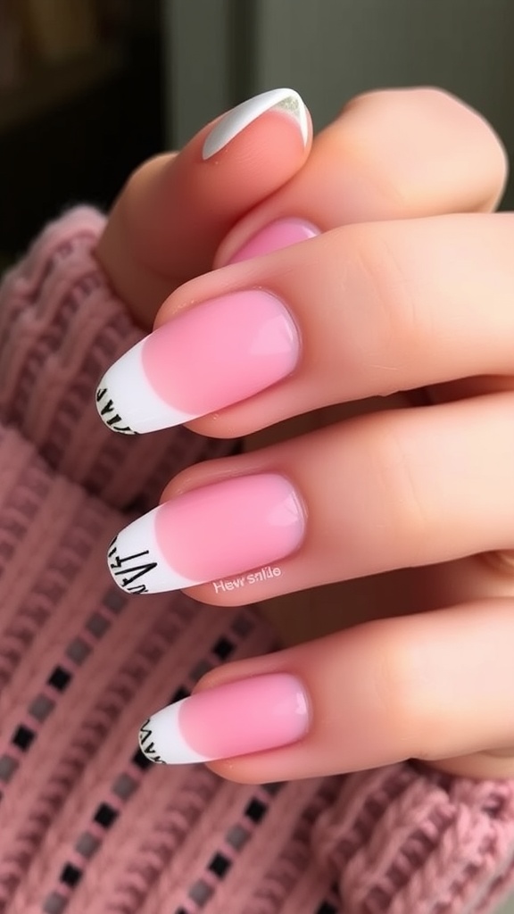 Nails featuring pink base with classic French tips and chrome accents