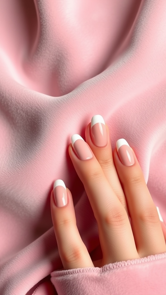 Close-up of stylish stiletto nails with classic French tips, resting on a soft pink fabric.