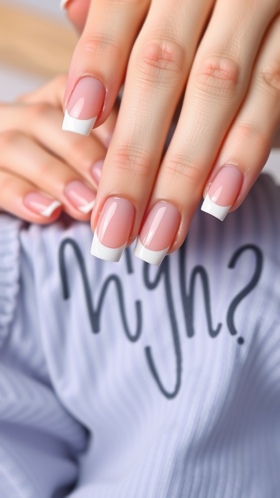 Close-up of classic French tip acrylic nails with a pink base and curved white tips