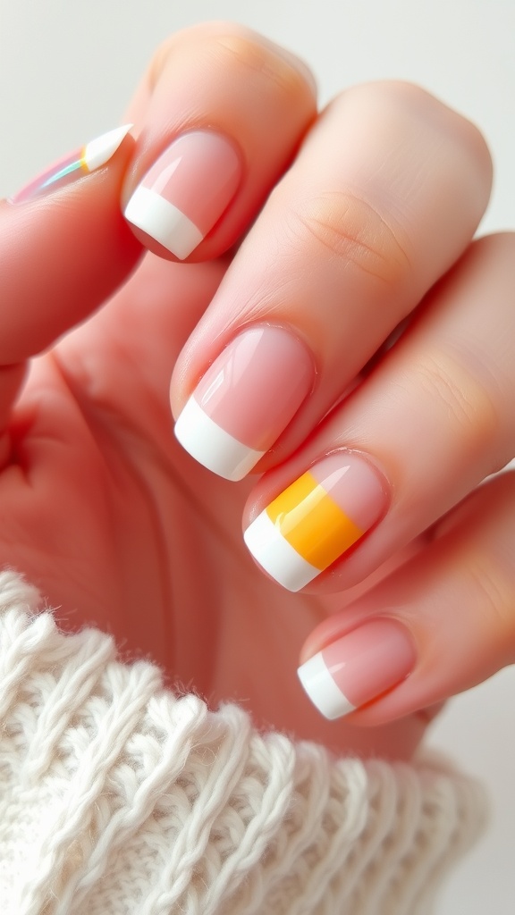 A hand with short nails featuring classic French tips and a colorful twist of orange on one nail.