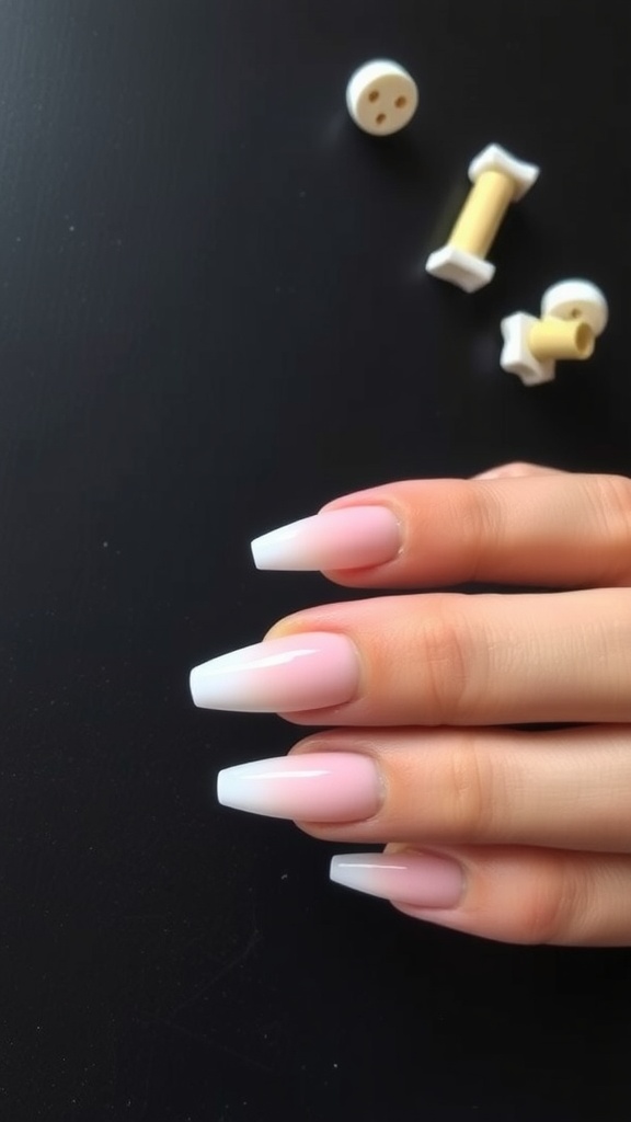 A hand showing coffin nails with classic French tips in pink and white, alongside decorative buttons.