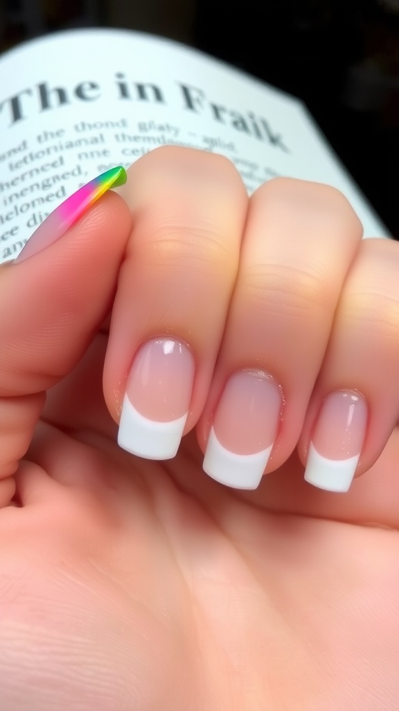 Close-up of short nails with classic French tips and a colorful accent.