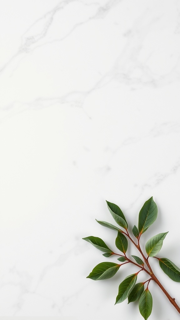 A clean marble background with a green leaf branch, representing elegance and simplicity in nail design.