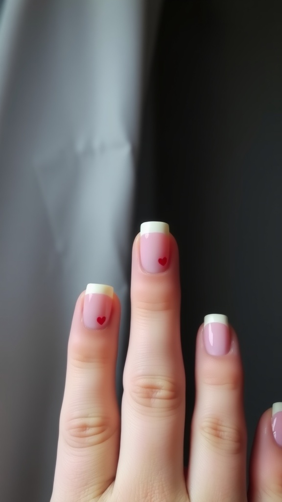 Nails featuring classic French tips with pink base and small red hearts.