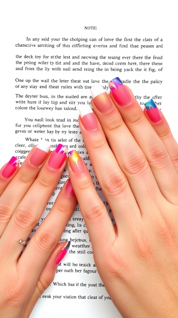 Close-up of hands with stiletto nails featuring gradient French tips in pink and purple.