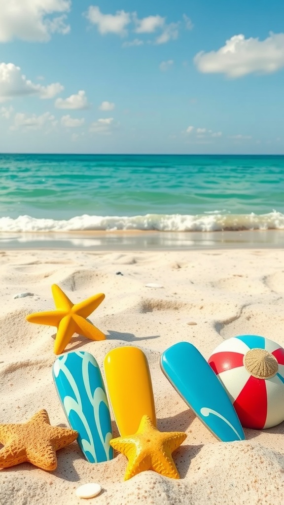 Colorful summer nails on the beach with starfish and a beach ball