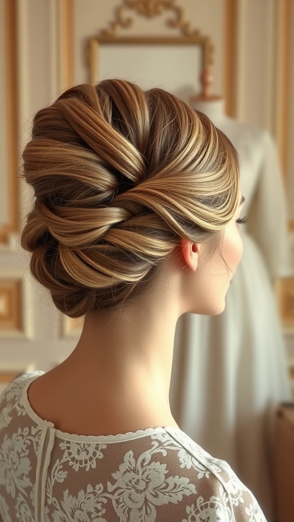 Beautifully styled classic French twist hairstyle for a wedding, showcasing elegant twists and soft waves.