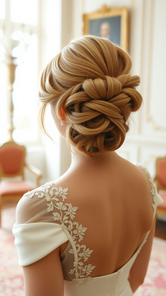 A elegant bride showcasing a classic French twist hairstyle, featuring a smooth and polished finish, in a beautifully decorated room.