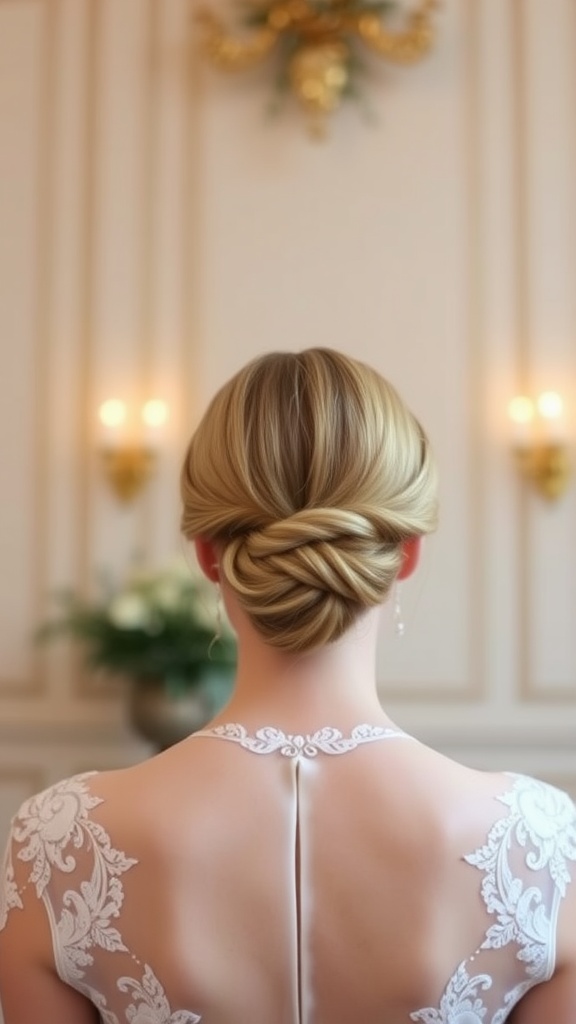 Elegant classic French twist hairstyle for a wedding, showing a bride's back with an open-back dress.