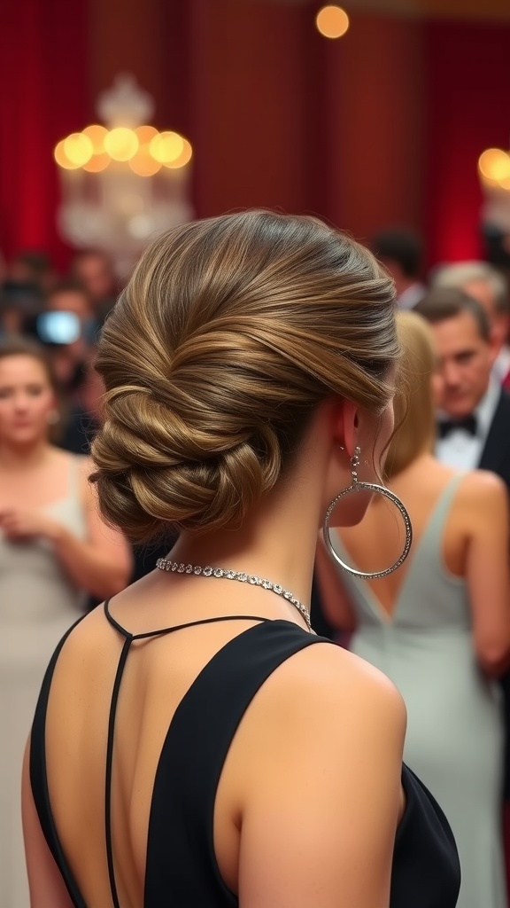 A woman with a classic French twist hairstyle, wearing a black dress, at an elegant event.