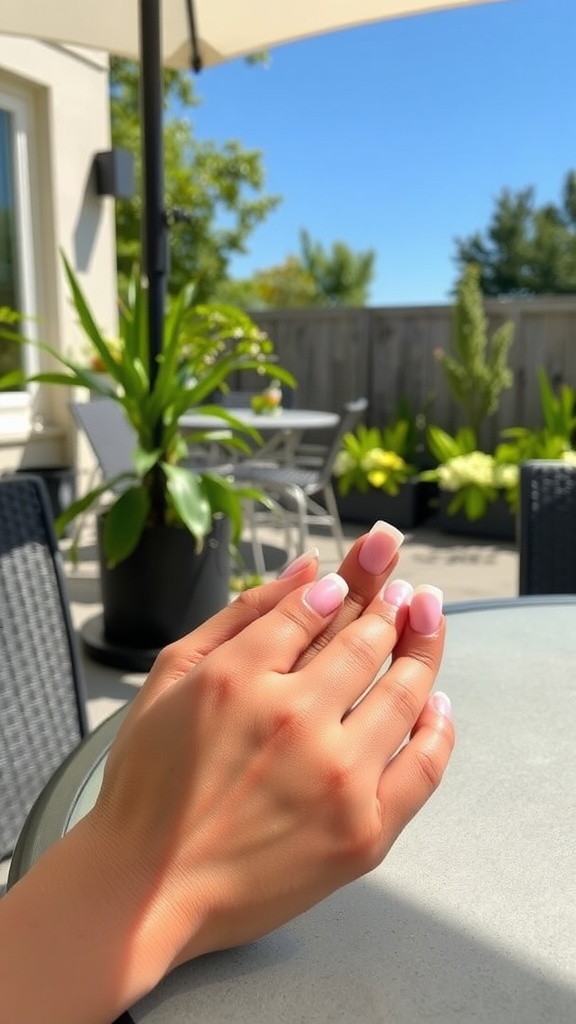Close-up of manicured almond nails with a classic French twist, set against a sunny outdoor background.