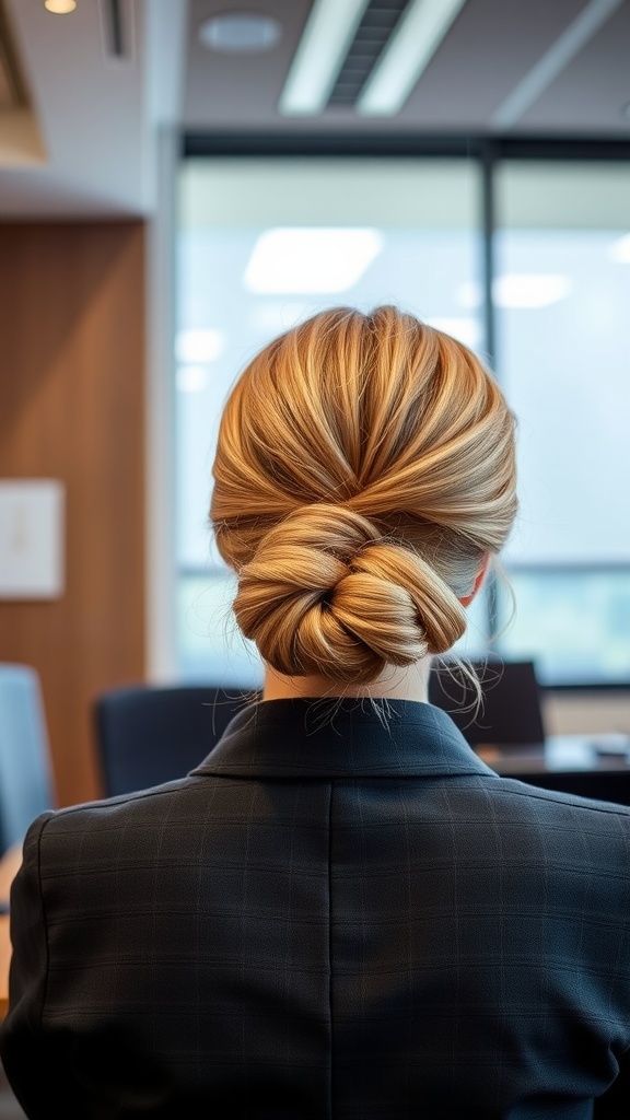 A classic French twist hairstyle, showcasing a polished and elegant look suitable for work.