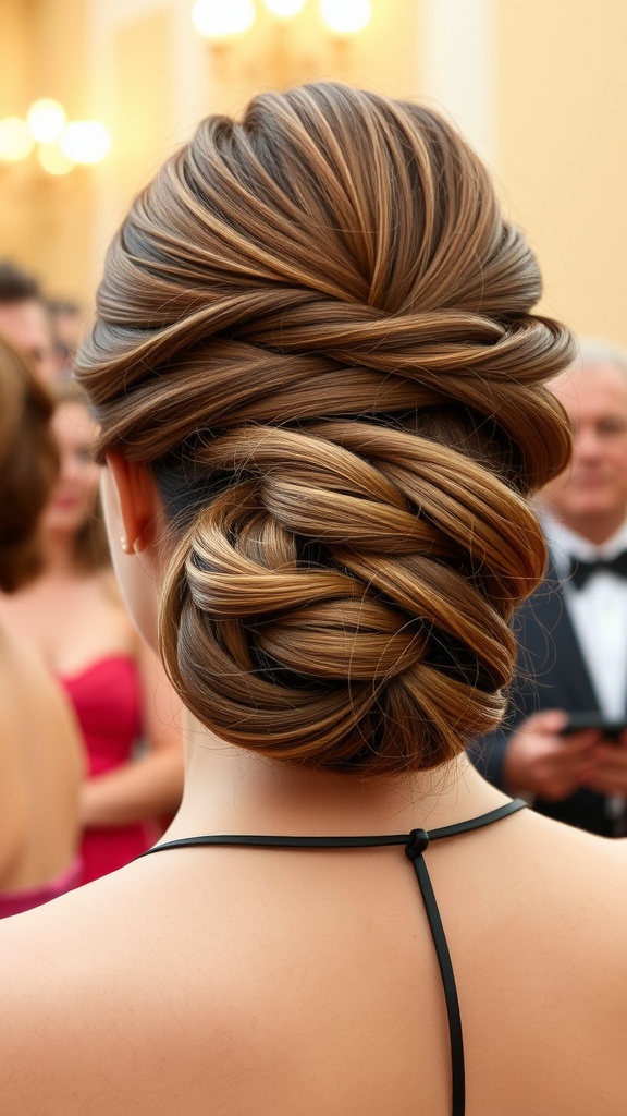 A classic French twist hairstyle adorned with curls, showcasing an elegant and sophisticated look.