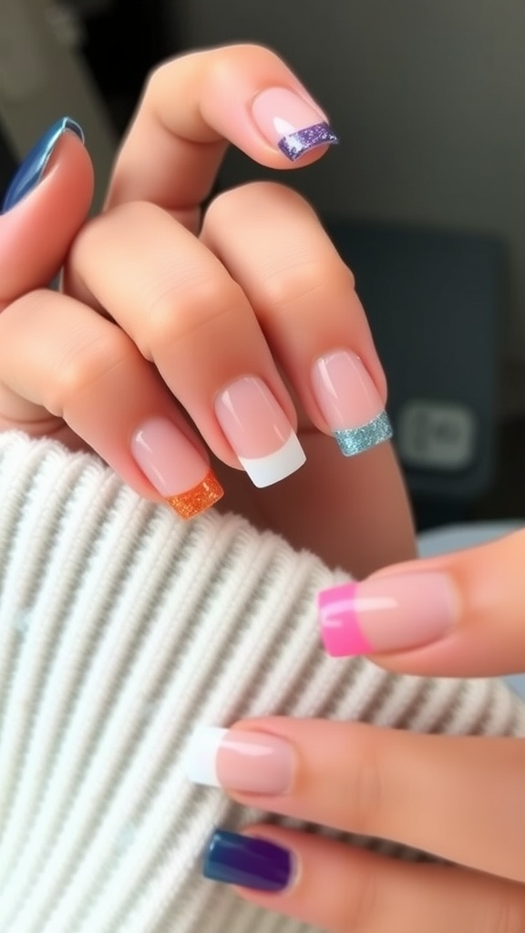 Colorful French manicure with sparkly tips on square nails.
