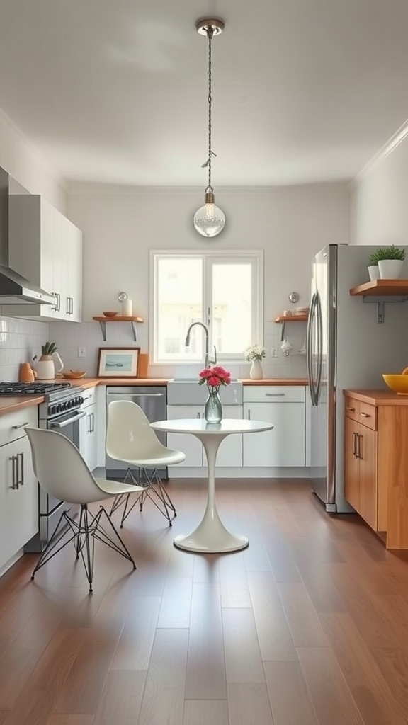 A mid-century modern kitchen featuring a round table, iconic chairs, and natural wood elements.