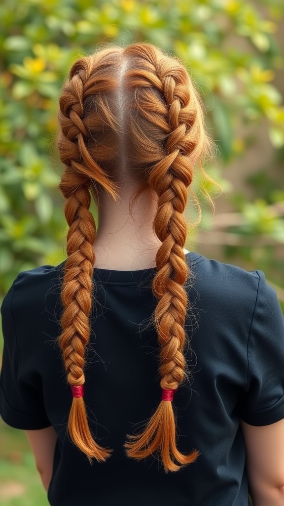 Back view of a person with ginger hair styled in two braids, tied with red bands.