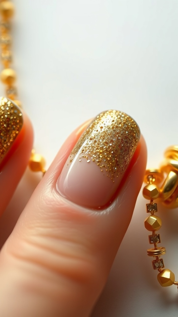 Close-up of nails with gold glitter ombre design, featuring a nude base transitioning into sparkling gold tips.