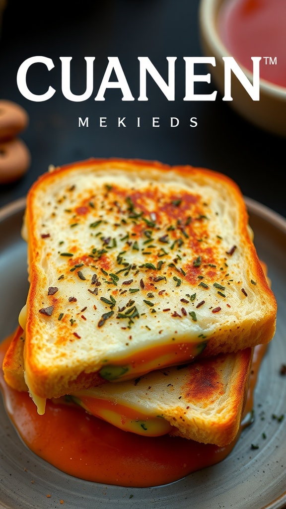 Delicious grilled cheese sandwich with herbs and fresh ingredients