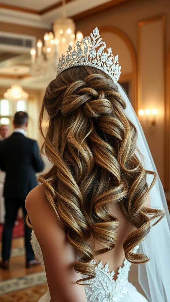 A bride with a classic half-up half-down hairstyle featuring loose waves and an intricate braid, complemented by a sparkling tiara.