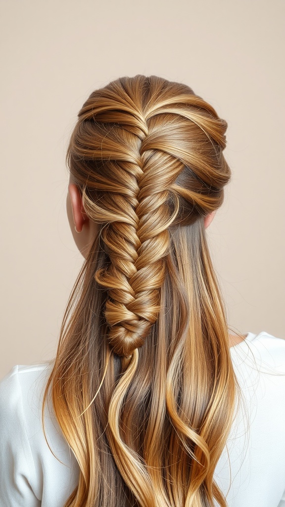 A classic half French braid hairstyle with loose hair cascading down.