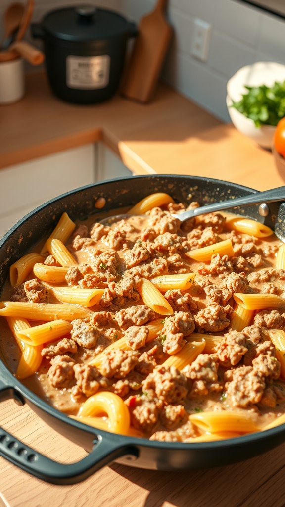 A skillet with ground beef and pasta in a creamy sauce.