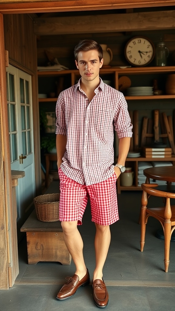 A young man wearing red gingham shorts and a matching shirt, standing in a rustic setting.