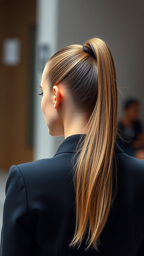 A woman with a sleek high ponytail, dressed in a black blazer, showcasing a stylish hairstyle.