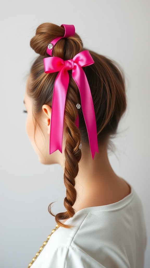 A stylish high ponytail with a braid, adorned with a pink ribbon and bow.