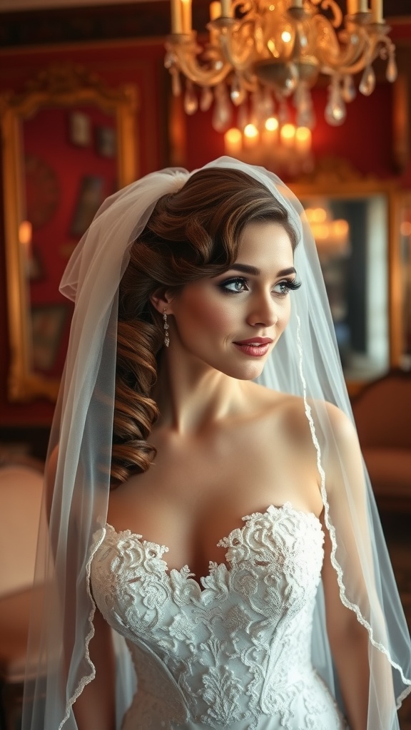 Bride with classic Hollywood waves hairstyle and veil, wearing a lace wedding gown in an elegant setting