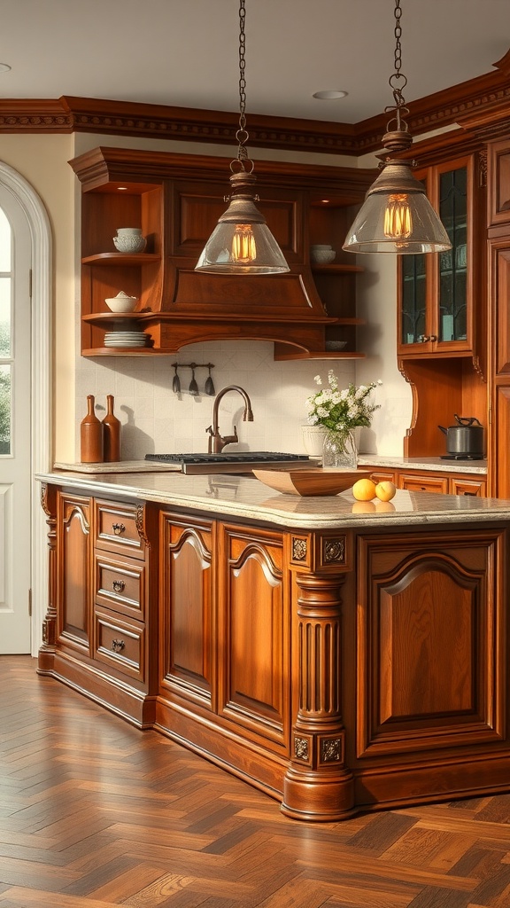 A classic kitchen island with rich wooden finish, intricate carvings, and decorative pendant lights.