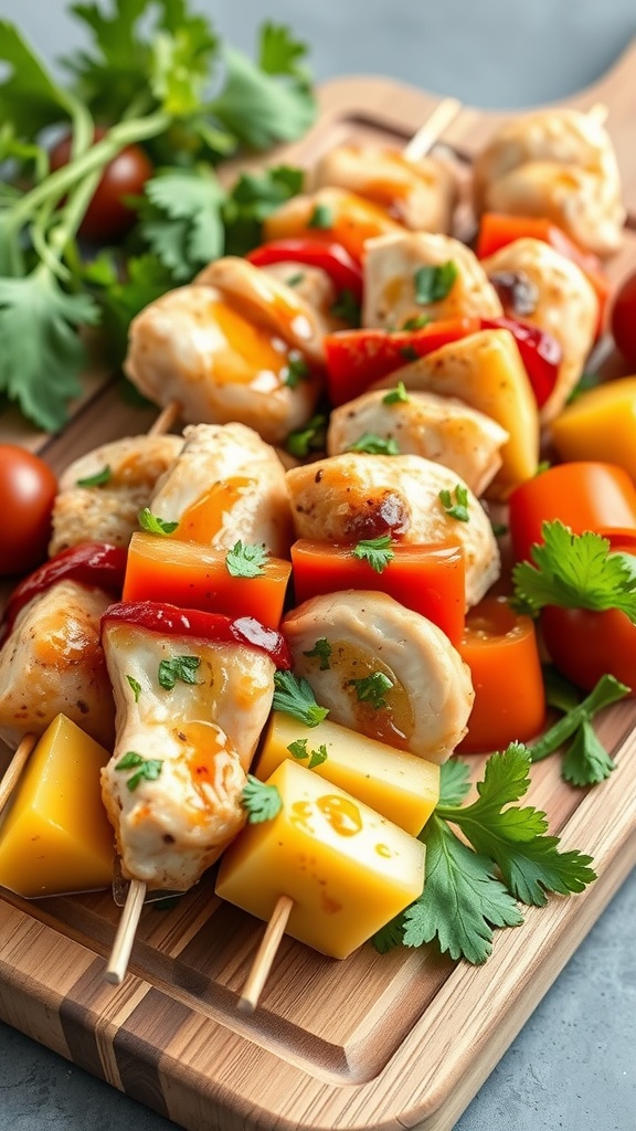 Delicious chicken kabobs with colorful vegetables on skewers
