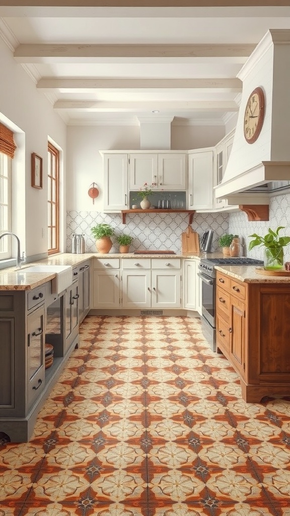 An Italian farmhouse kitchen with classic tile flooring featuring intricate patterns.