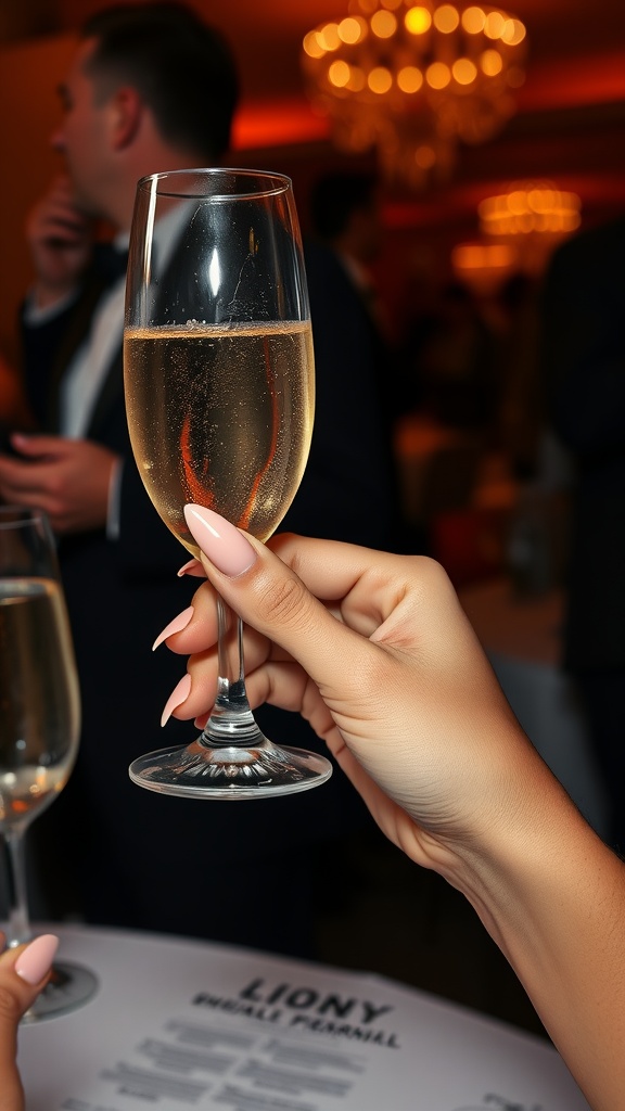 A hand with light pink chrome almond nails holding a champagne glass at a festive event.