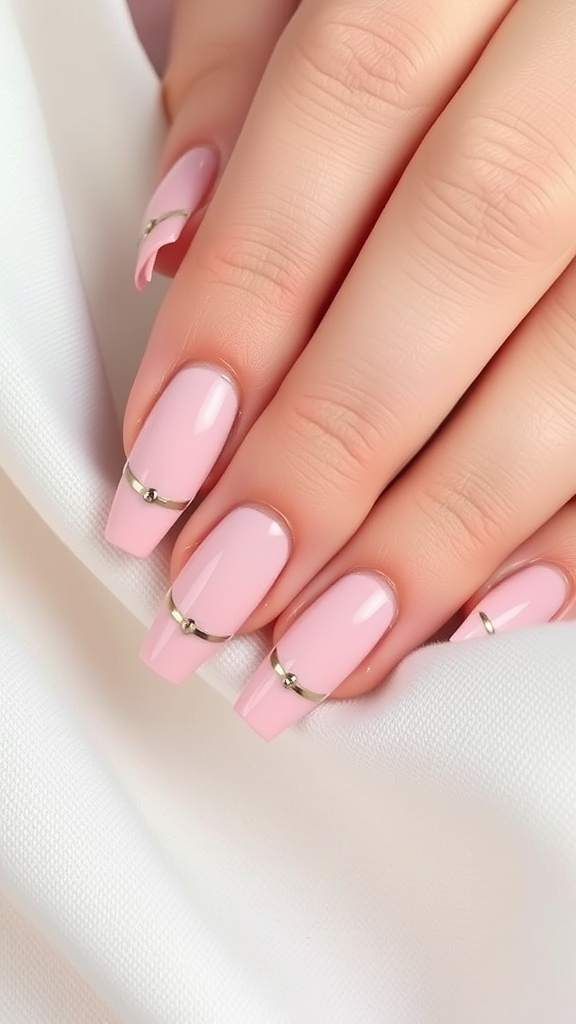 Short light pink nails with subtle gold chrome lines