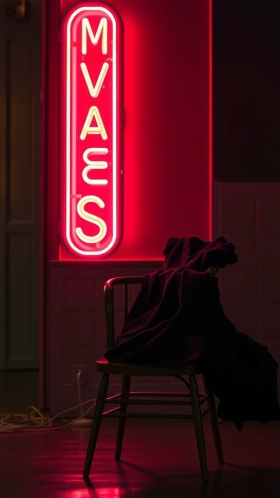 A classic little black dress draped over a chair with a neon sign in the background.