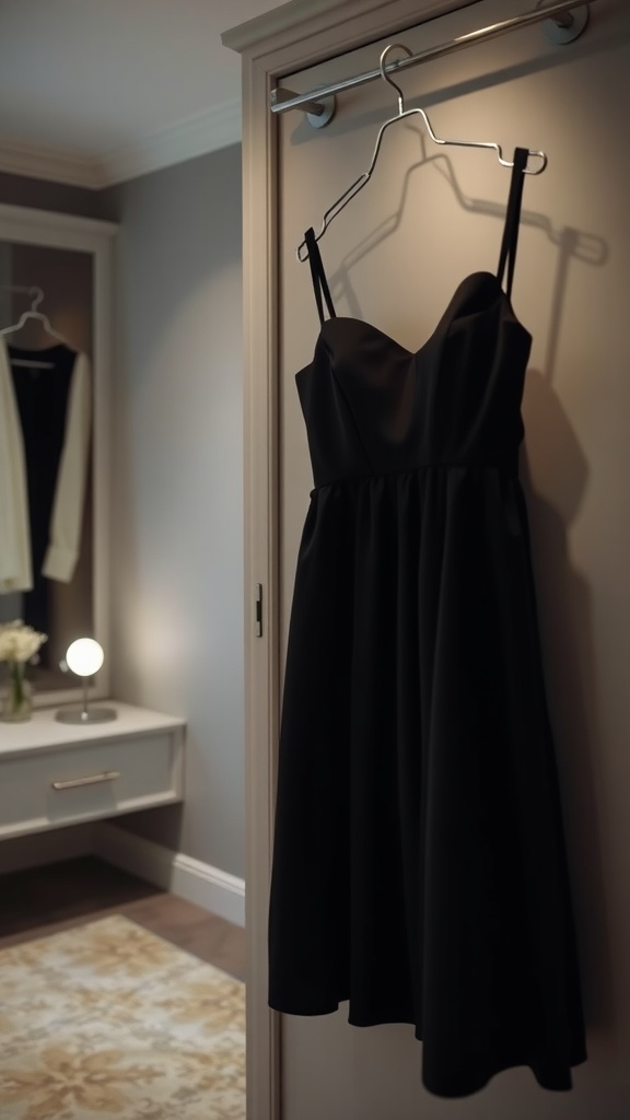 A classic little black dress hanging on a hanger in a stylish room.